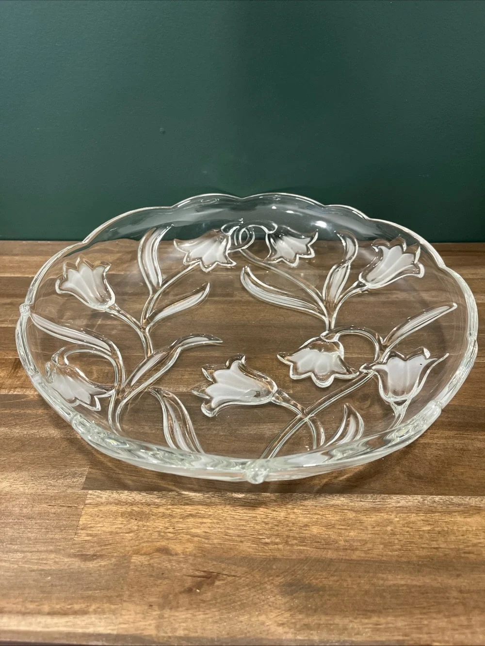 Clear Glass Floral Serving Bowl with White Accents